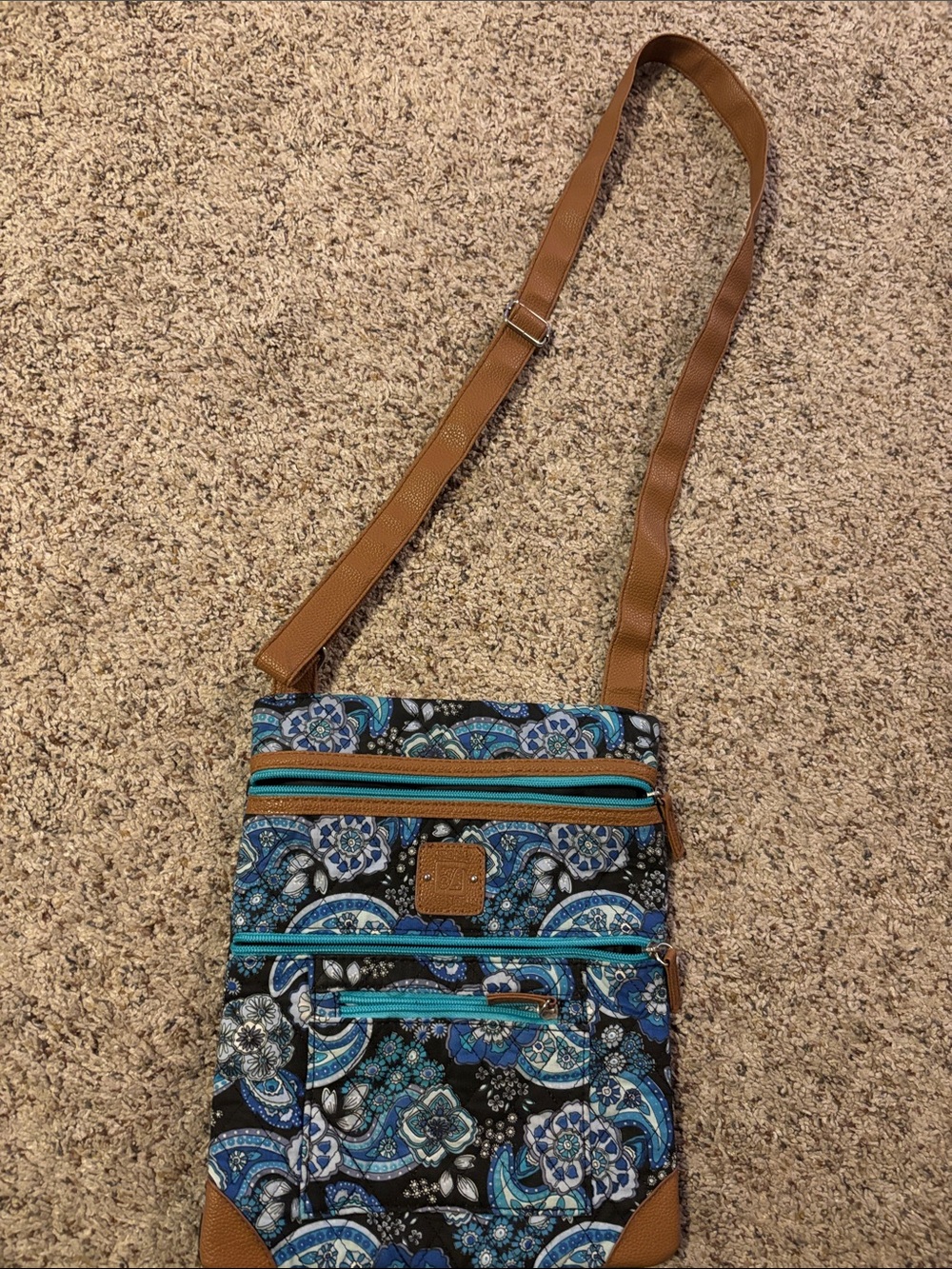 Stone Mountain Blue Paisley Crossbody Shoulder Bag with Brown Trim